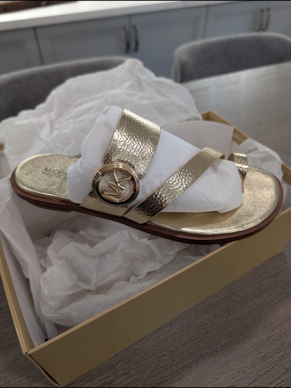 MICHAEL Michael Kors Metallic Gold Logo Slide Sandals